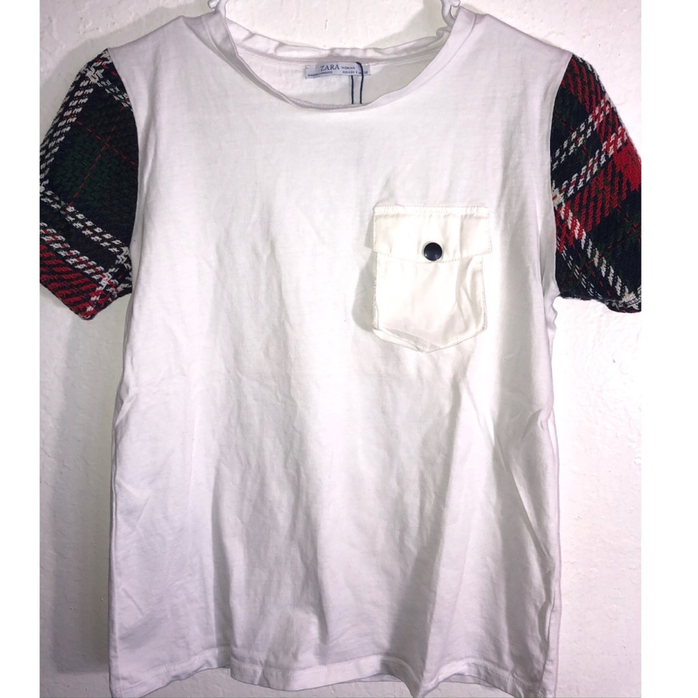 Embroided plaid sleeve t shirt